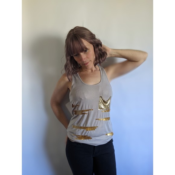 Gold sequined silver tank, sz M - Picture 7 of 7
